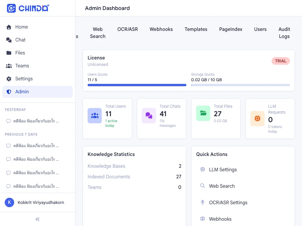 Chinda 3 admin — usage, teams, and model settings under your control