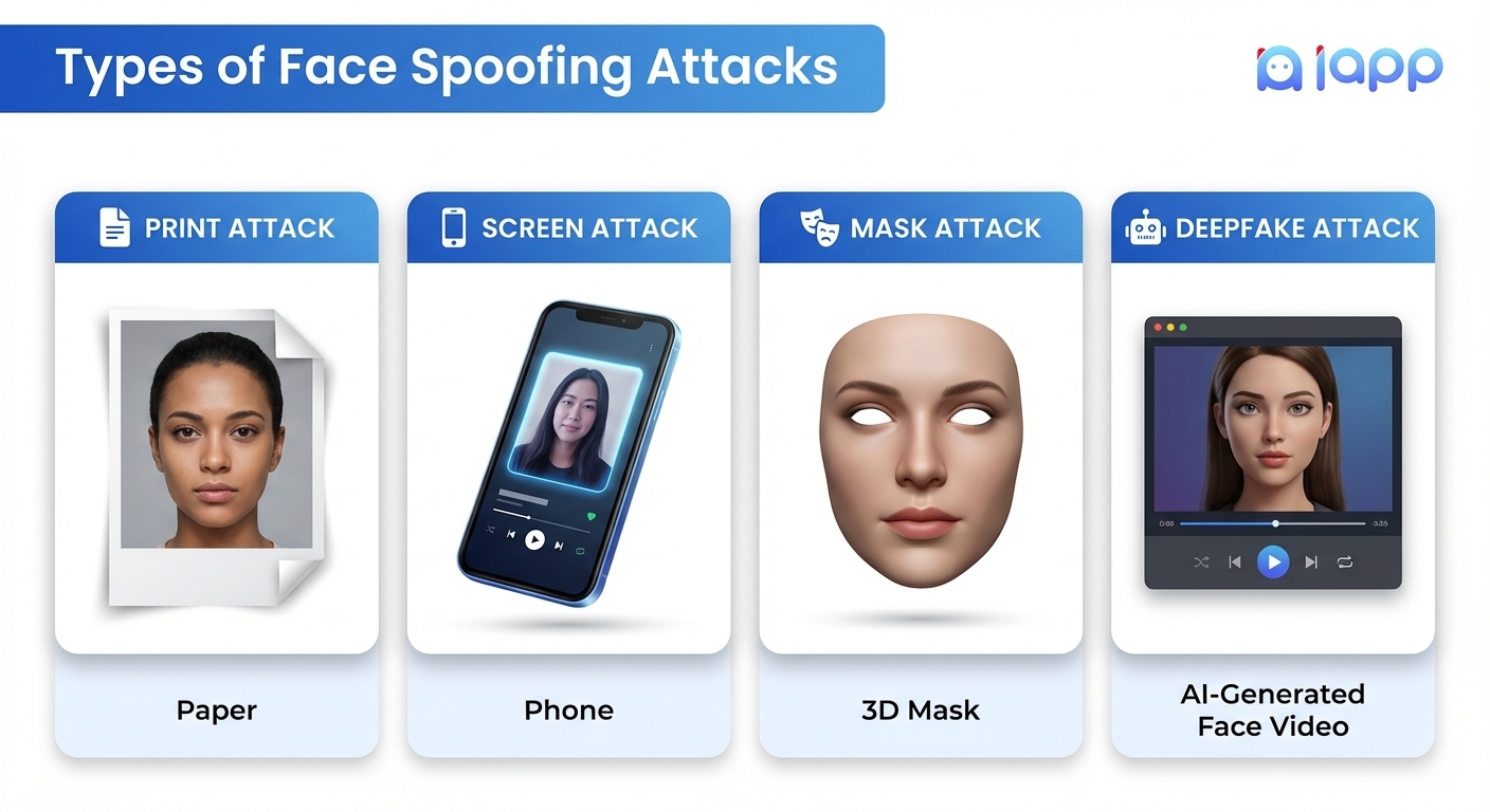 Types of Face Spoofing Attacks - Print Attack, Screen Attack, Mask Attack, and Deepfake Attack