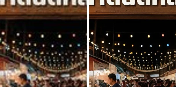 夜市招牌放大 4 倍:左为普通缩放,右为 iApp AI Image Upscaler