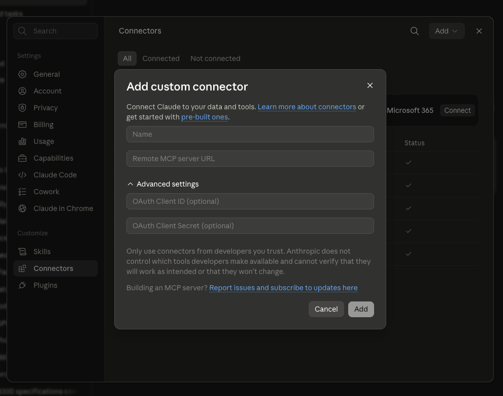หน้าต่าง Add custom connector ของ Claude