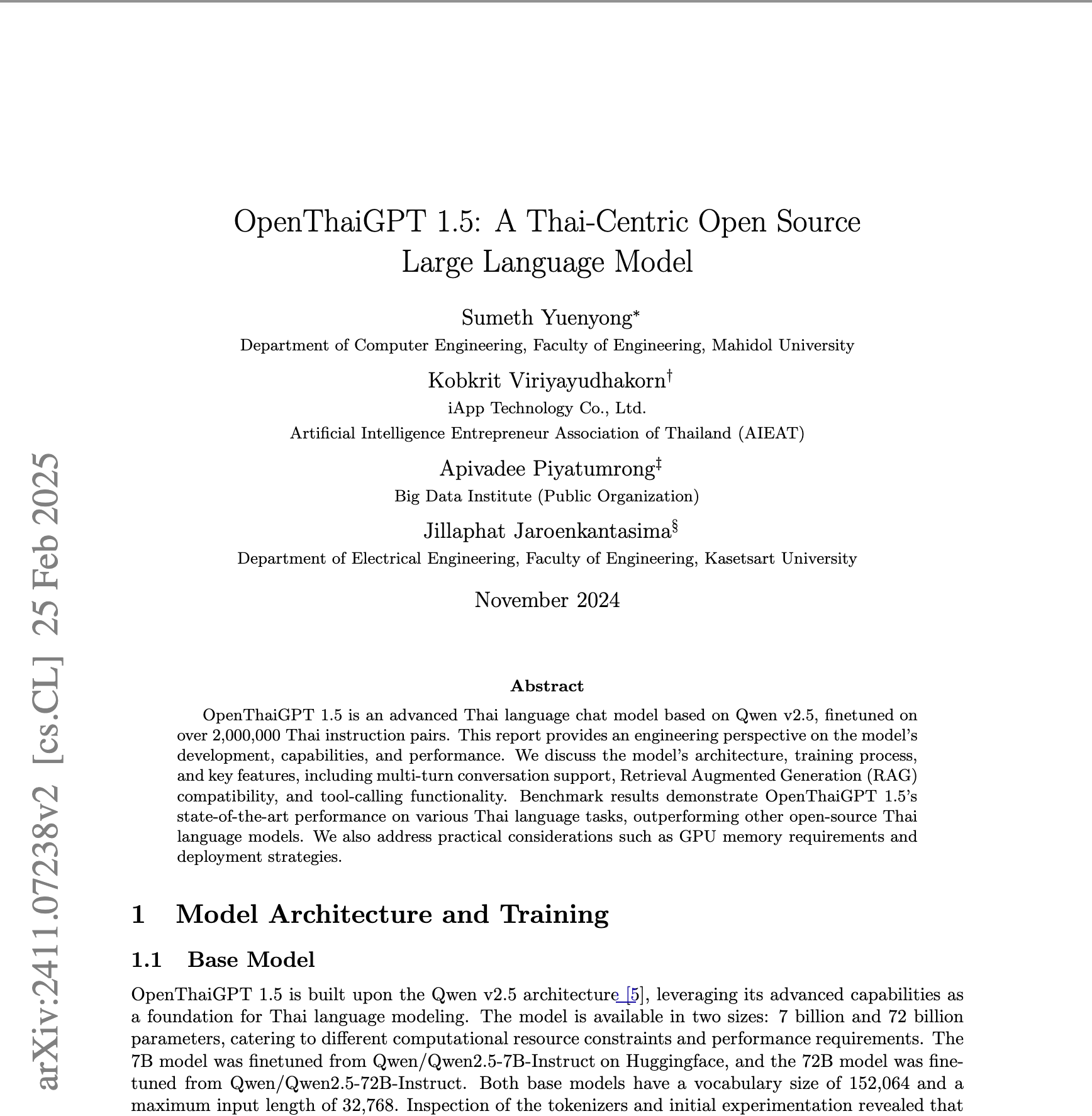 OpenThaiGPT 1.5: รายงานทางเทคนิค