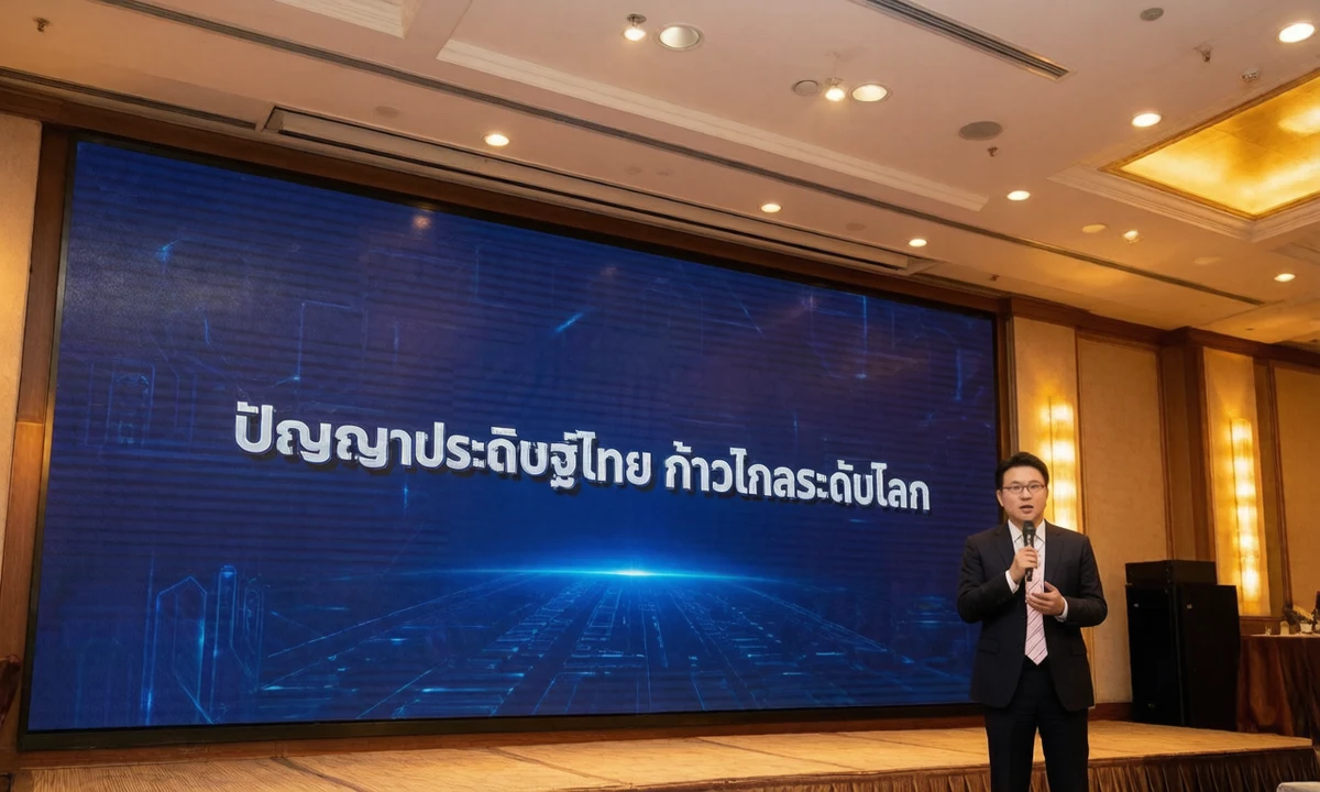 iApp Image Generation 1.1.0 — ภาพงานสัมมนาที่สร้างจากคำขอ "ดร.กอบกฤตย์ วิริยะยุทธกร กำลังบรรยายบนเวที…" พร้อมข้อความ "ปัญญาประดิษฐ์ไทย ก้าวไกลระดับโลก" บนจอ LED