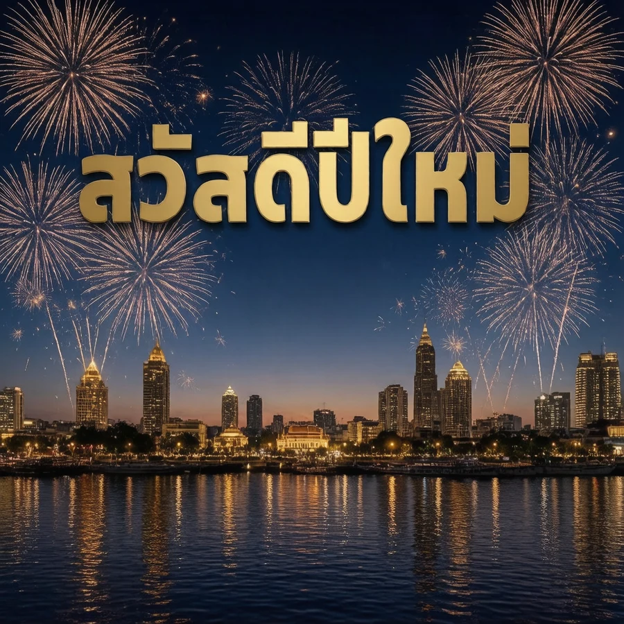 การ์ดปีใหม่ "สวัสดีปีใหม่" เหนือเส้นขอบฟ้ากรุงเทพฯ