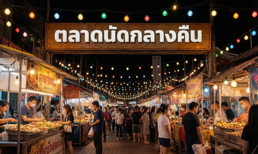 ซุ้มตลาดนัดกลางคืนพร้อมป้าย "ตลาดนัดกลางคืน"