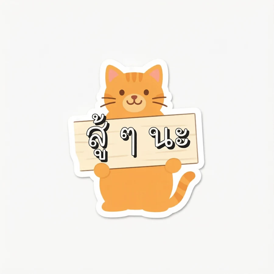 สติกเกอร์ไดคัทรูปแมวบนกระดาษขาวพร้อมข้อความ "สู้ ๆ นะ"